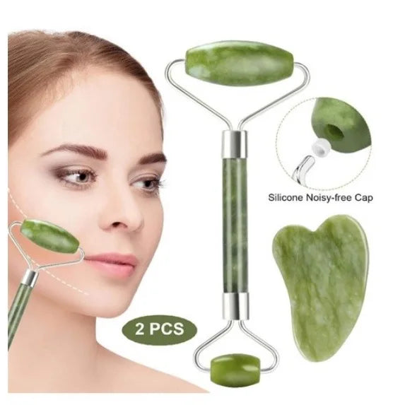 Rolo Facial de Pedra de Jade e Placa Gua Sha | Massagem Facial Anti-Rugas