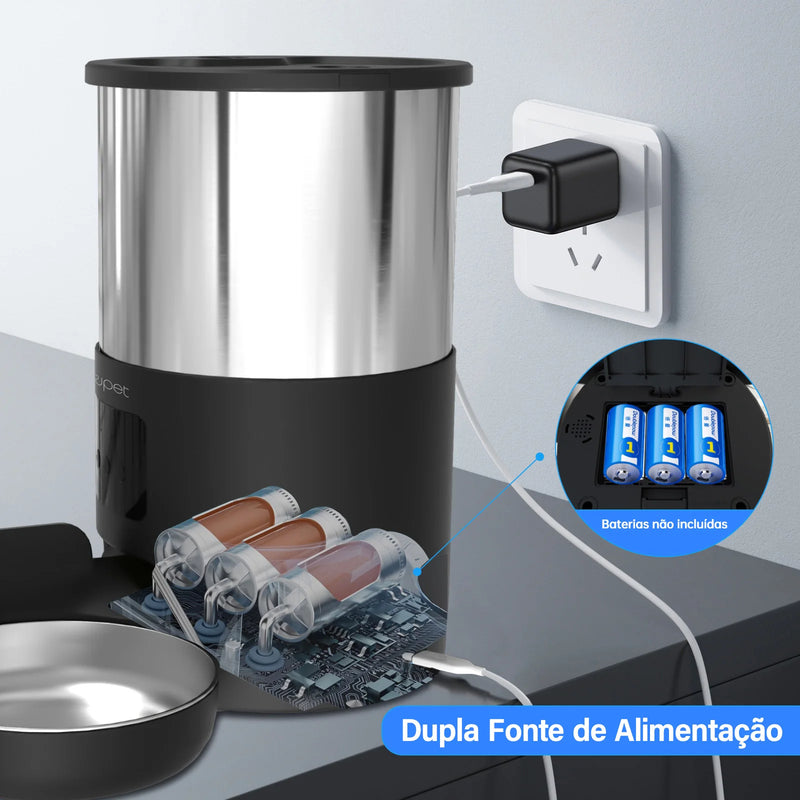 Comedouro Inteligente para Gatos e Cães com Microfone, Dispensador de Comida Inteligente, WiFi, Temporizador, Quantitativo, Comedouro de Aço Inoxidável