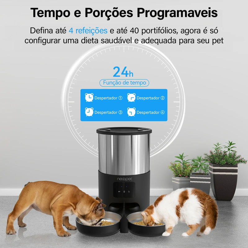 Comedouro Inteligente para Gatos e Cães com Microfone, Dispensador de Comida Inteligente, WiFi, Temporizador, Quantitativo, Comedouro de Aço Inoxidável