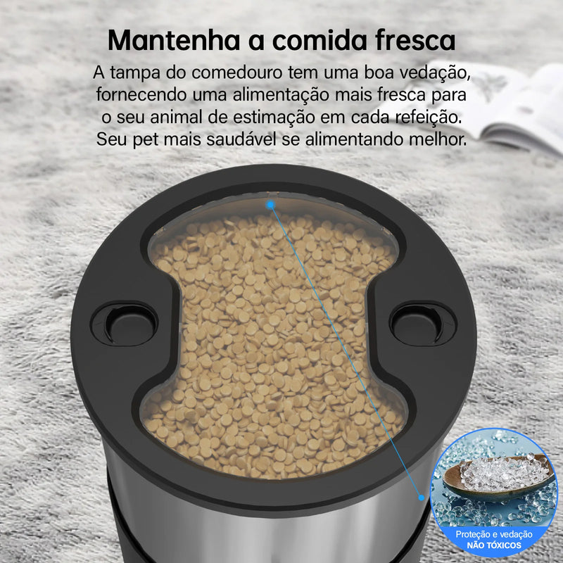 Comedouro Inteligente para Gatos e Cães com Microfone, Dispensador de Comida Inteligente, WiFi, Temporizador, Quantitativo, Comedouro de Aço Inoxidável