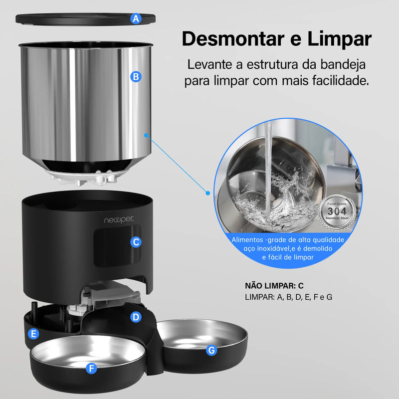 Comedouro Inteligente para Gatos e Cães com Microfone, Dispensador de Comida Inteligente, WiFi, Temporizador, Quantitativo, Comedouro de Aço Inoxidável