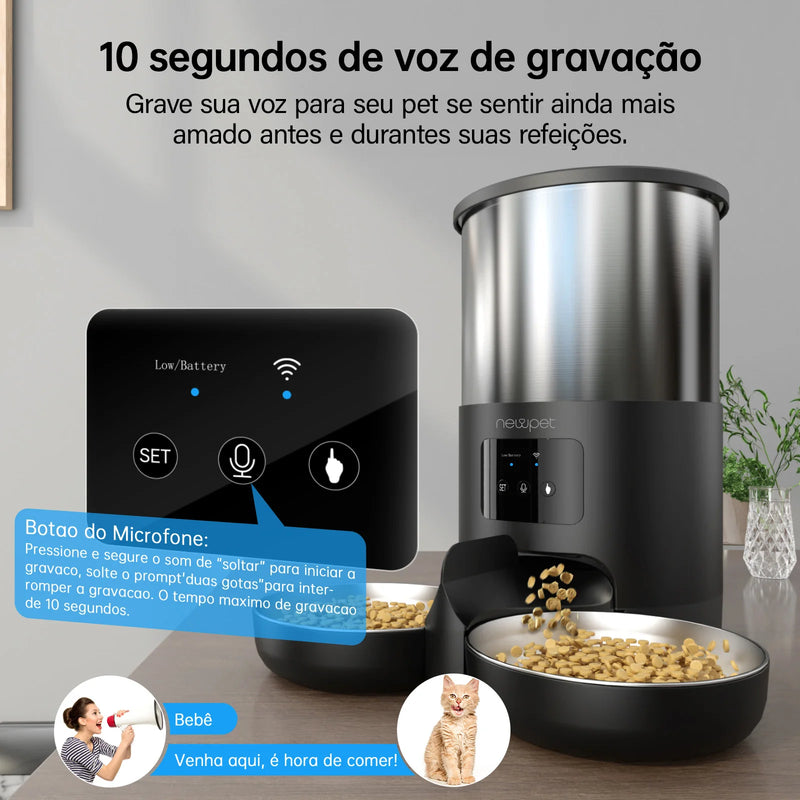 Comedouro Inteligente para Gatos e Cães com Microfone, Dispensador de Comida Inteligente, WiFi, Temporizador, Quantitativo, Comedouro de Aço Inoxidável